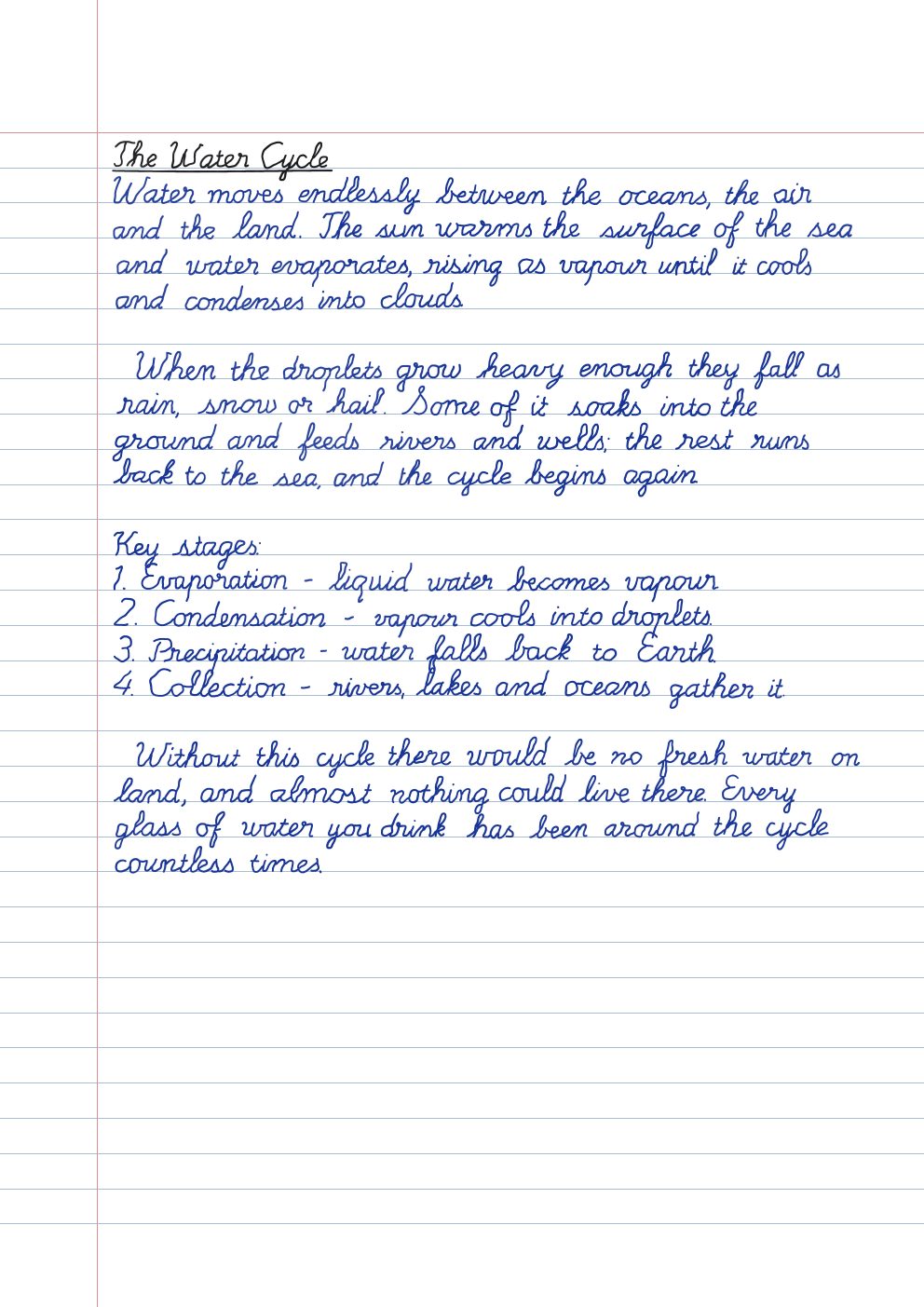 A handwritten page about the water cycle